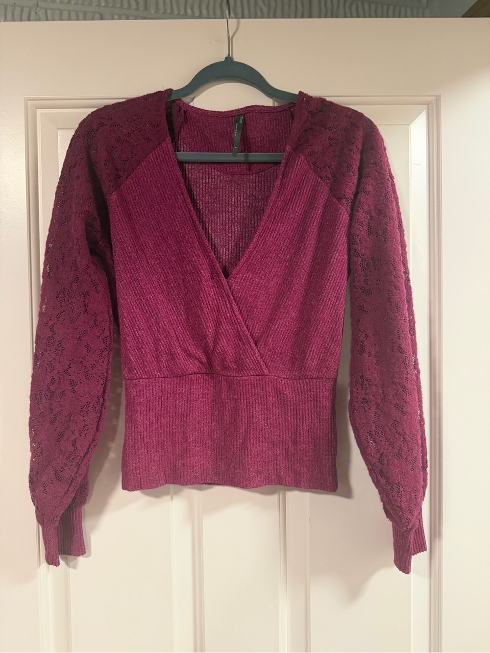 Anthropologie Lace Sleeve Surplice Sweater Top Size Small